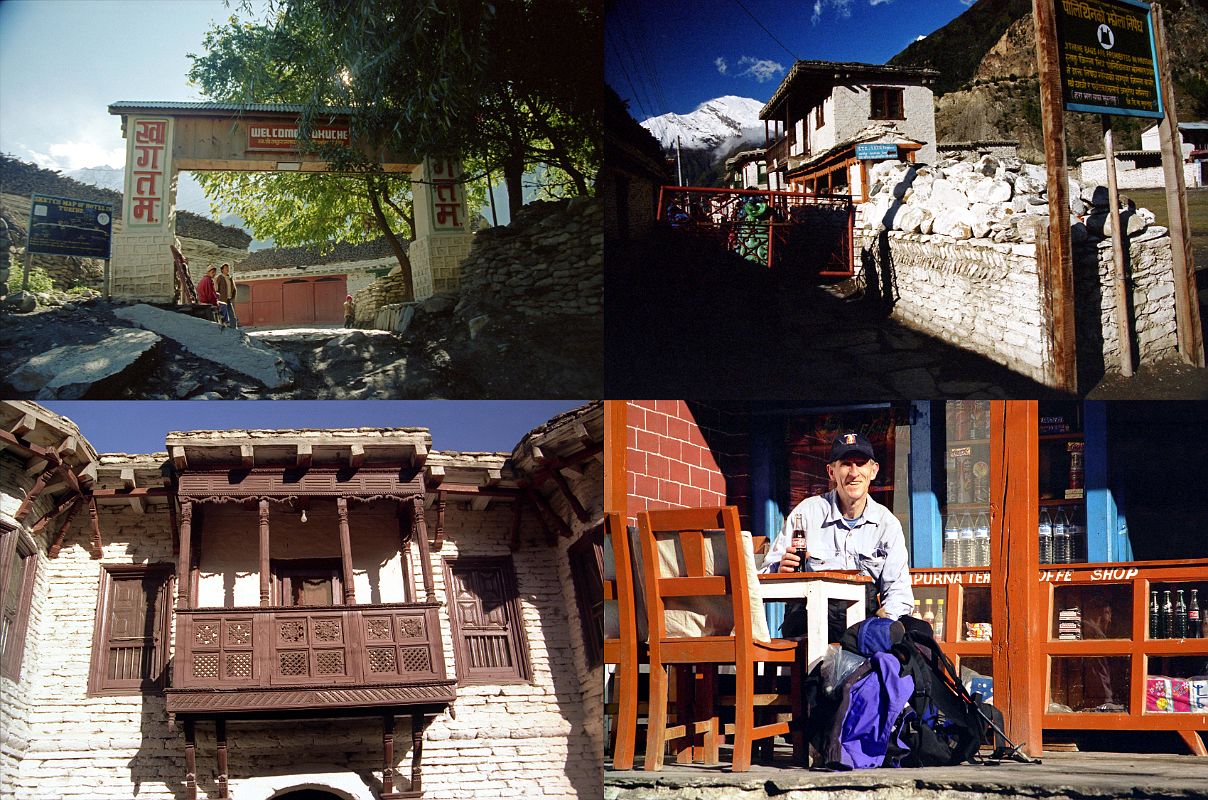 302 Tukuche Entrance, Mani Wall, Carved Wooden Balcony, Jerome Ryan Drinking A Coke UL Tukuche (2580m) was for many years one of the richest villages in the Kali Gandaki valley. The village of Tukucha is a maze of alleys, and the houses, regular little fortresses, are mostly caravanserais where passing travelers can find lodging for the night (Maurice Herzog, Annapurna). UR The majority of the five hundred inhabitants are Buddhists whose piety can be judged by the number of prayer wheels on the fifty-yard-long wall (Maurice Herzog, Annapurna). LL Tukuche has finely carved wooden balconies looking exactly as they did in 1950. LR Jerome Ryan stopped in Tukuche and enjoyed a coke in the sunny warm weather